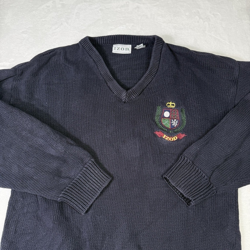 Vintage Izod Sweater Men's LARGE Blue Pullover V-Neck Crest Embroidered Golf‎